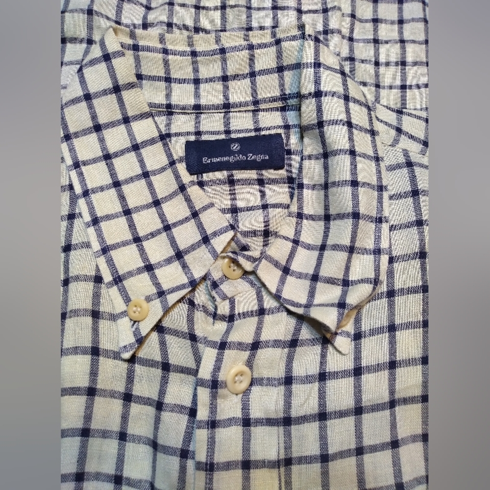Eremenegildo Zegna Men's Collared Shirt, Sz XL 100% Linen Cream with Blue… - Picture 2 of 12